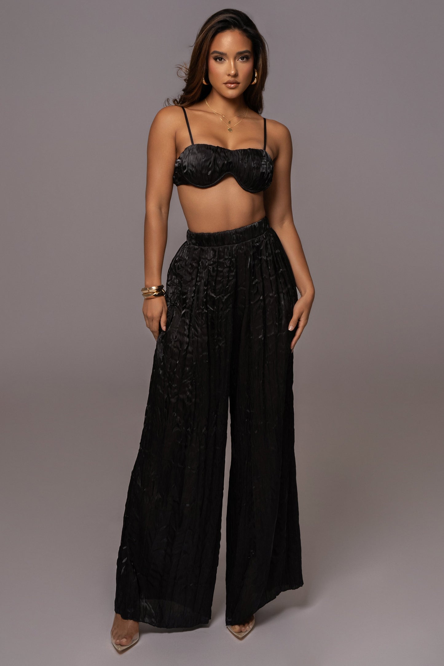 Black Let's Get Away Satin Pant Set