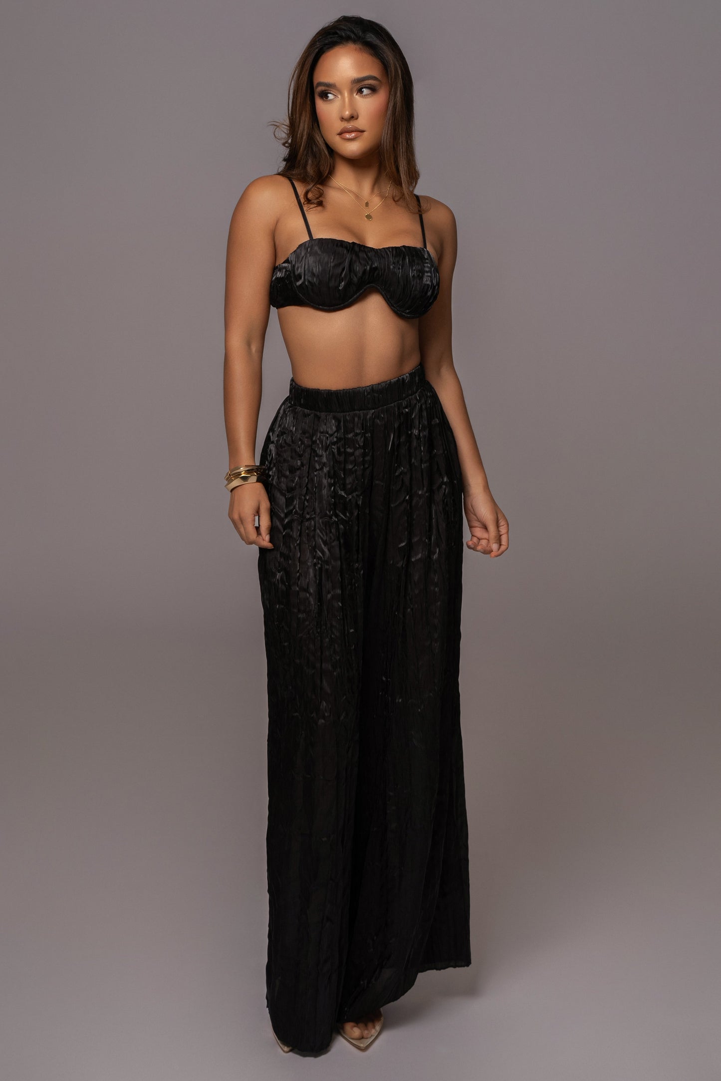 Black Let's Get Away Satin Pant Set