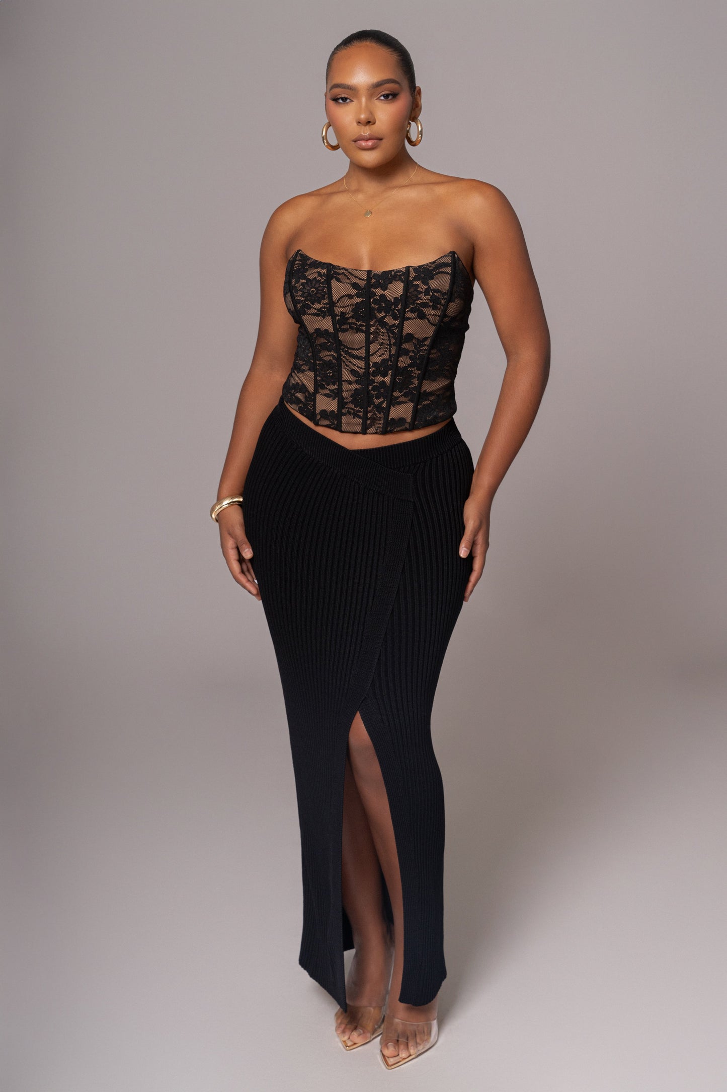 Black Hamptons Ribbed Slit Skirt