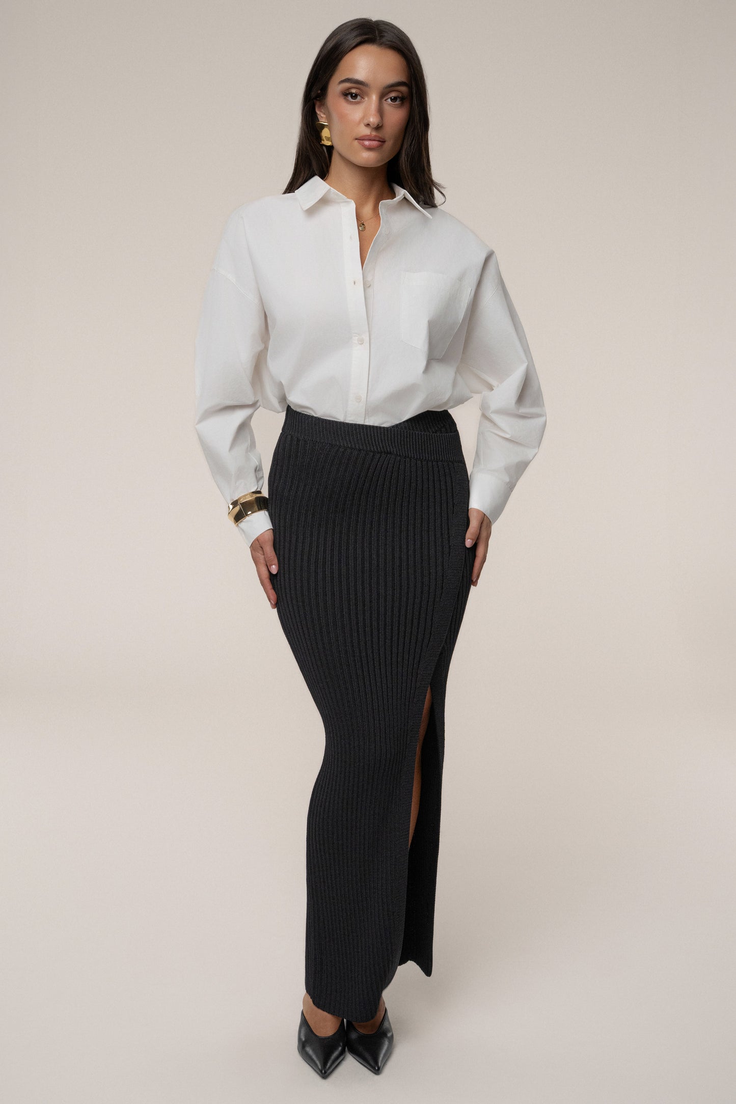 Black Hamptons Ribbed Slit Skirt