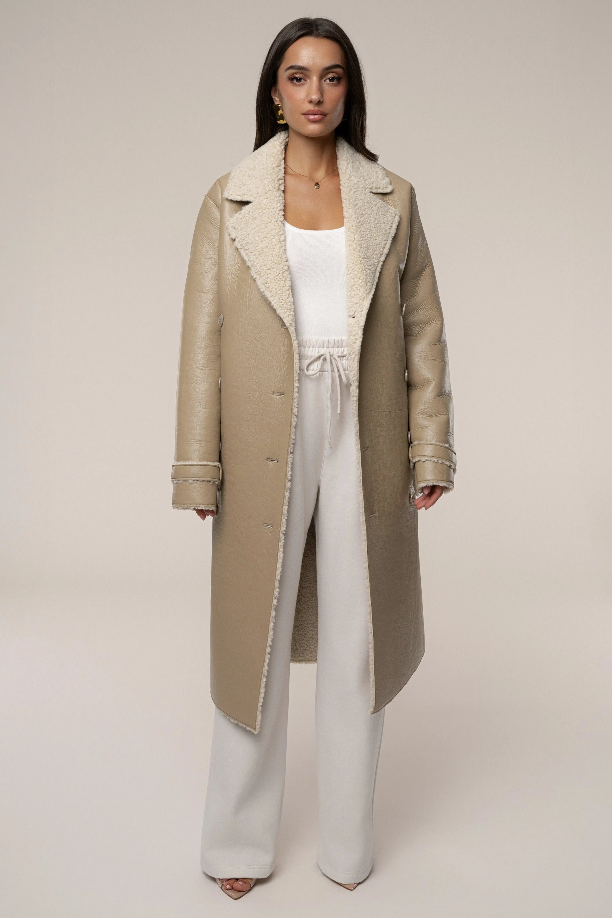 Beige/Ivory Sherpa And Faux Leather Coat JLUXLABEL