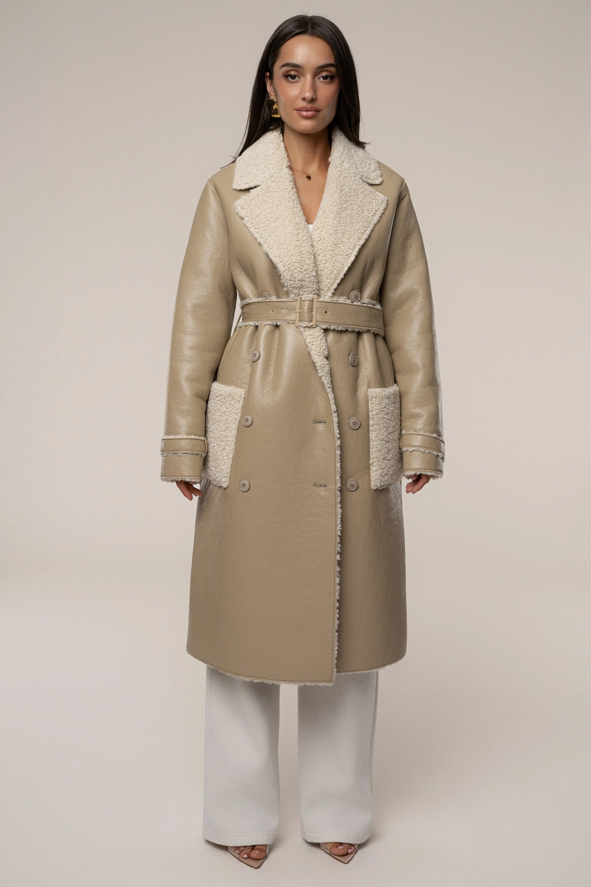 Beige/Ivory Sherpa And Faux Leather Coat JLUXLABEL