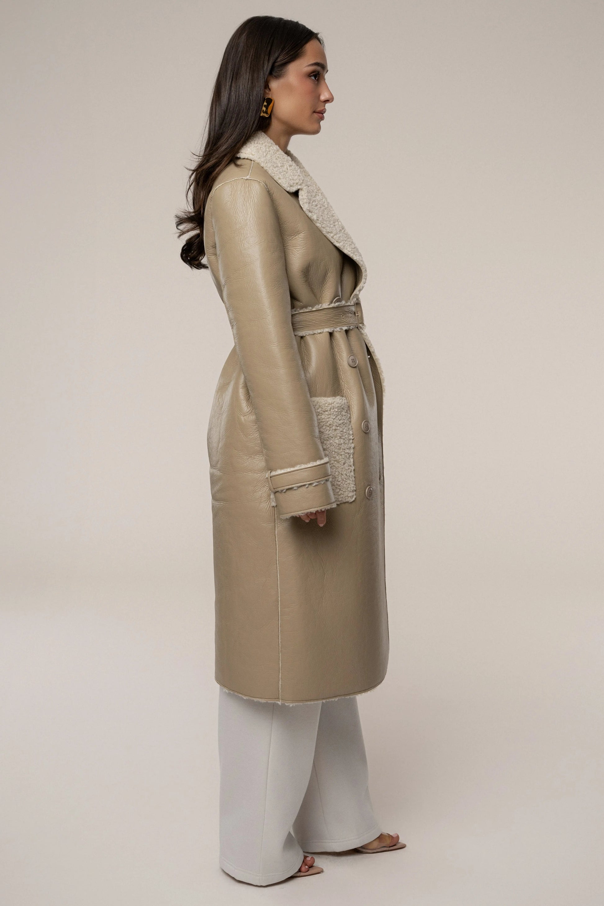 Beige/Ivory Sherpa And Faux Leather Coat JLUXLABEL