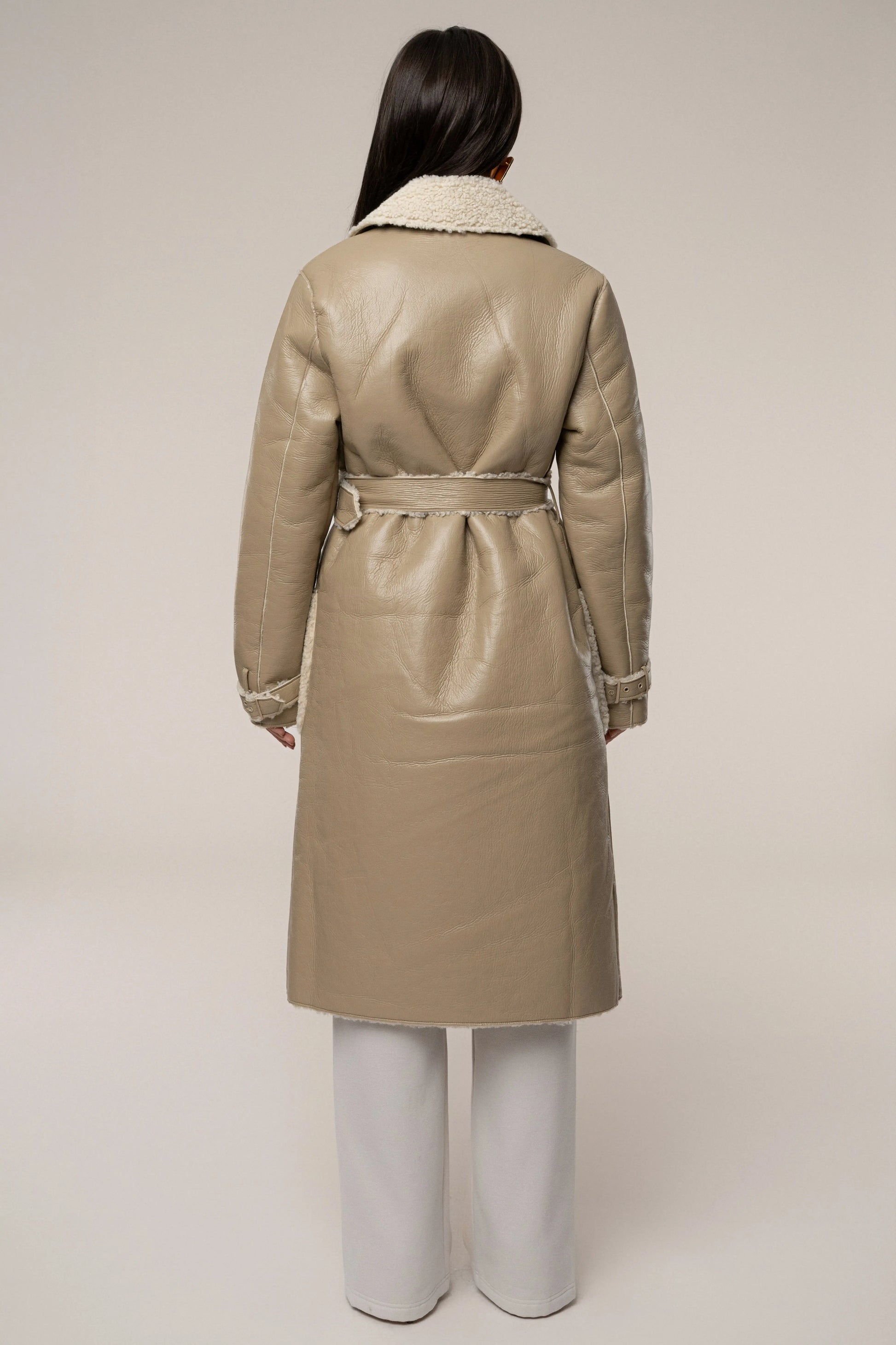 Beige/Ivory Sherpa And Faux Leather Coat JLUXLABEL
