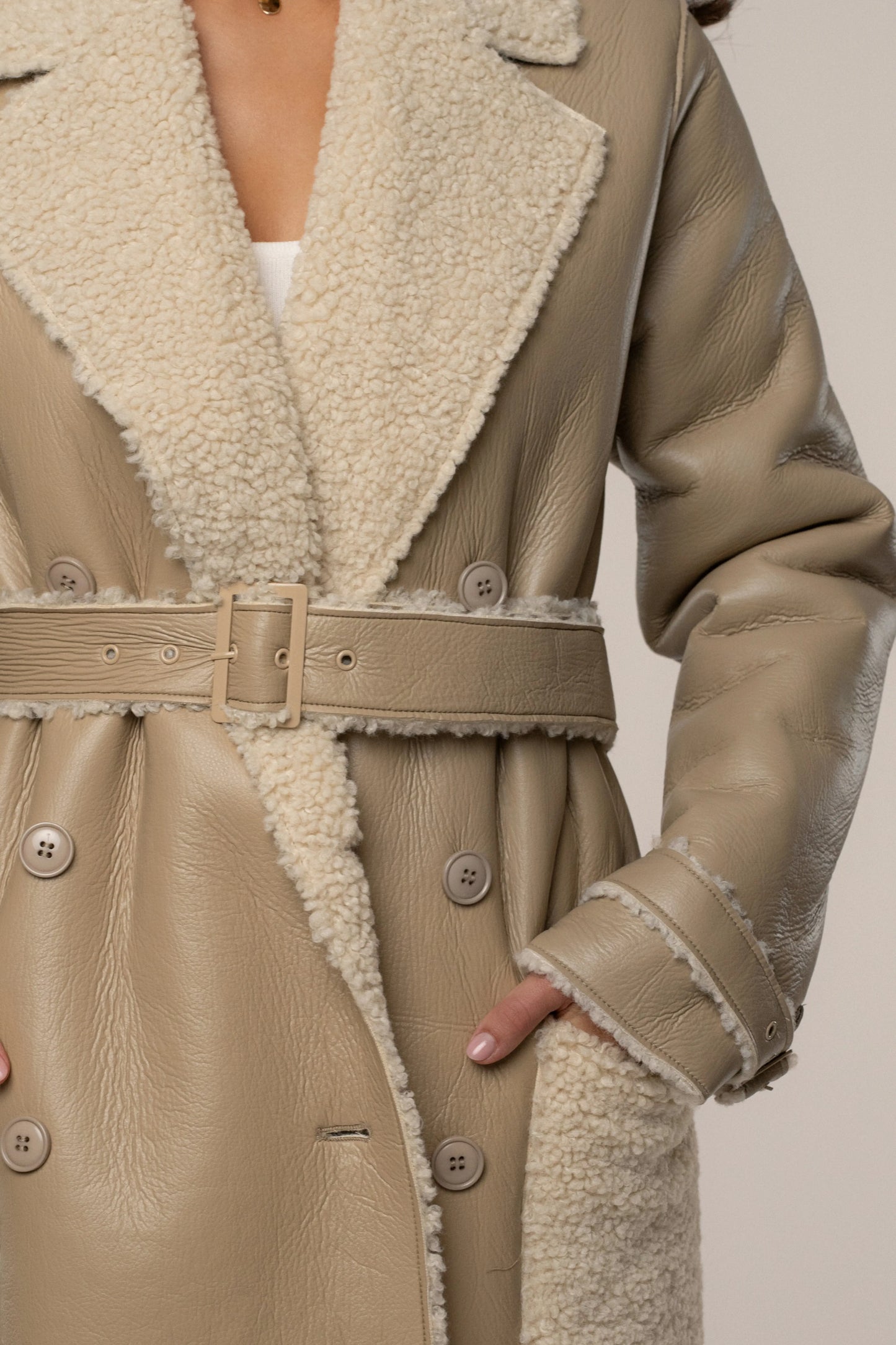 Beige/Ivory Sherpa And Faux Leather Coat JLUXLABEL