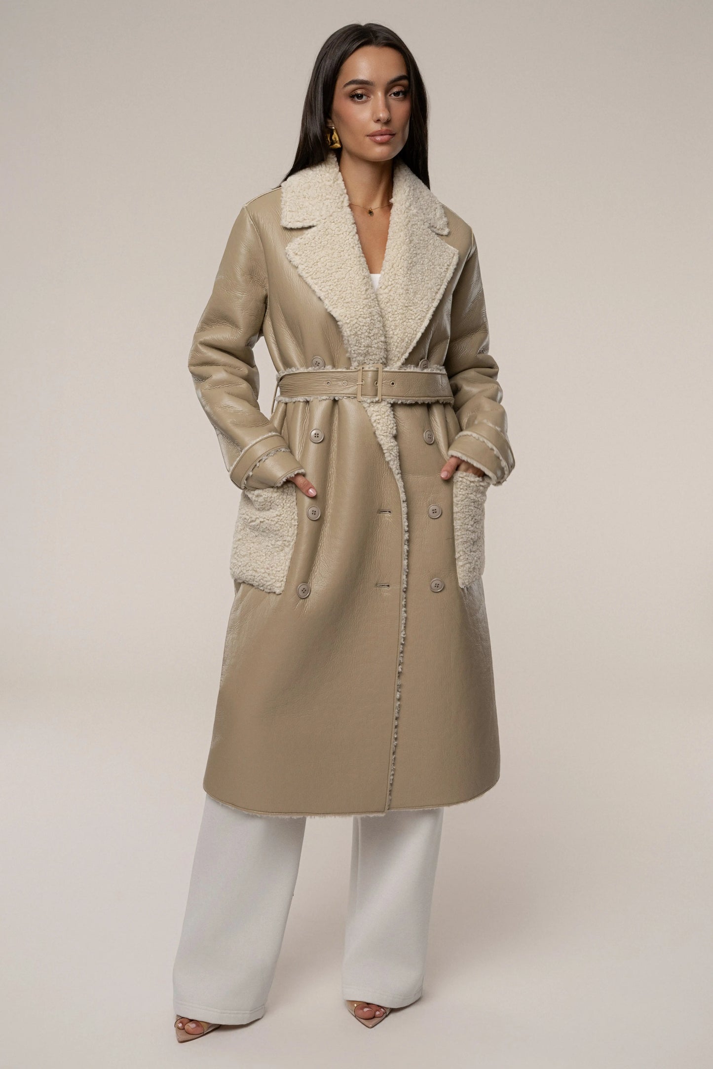Beige/Ivory Sherpa And Faux Leather Coat JLUXLABEL