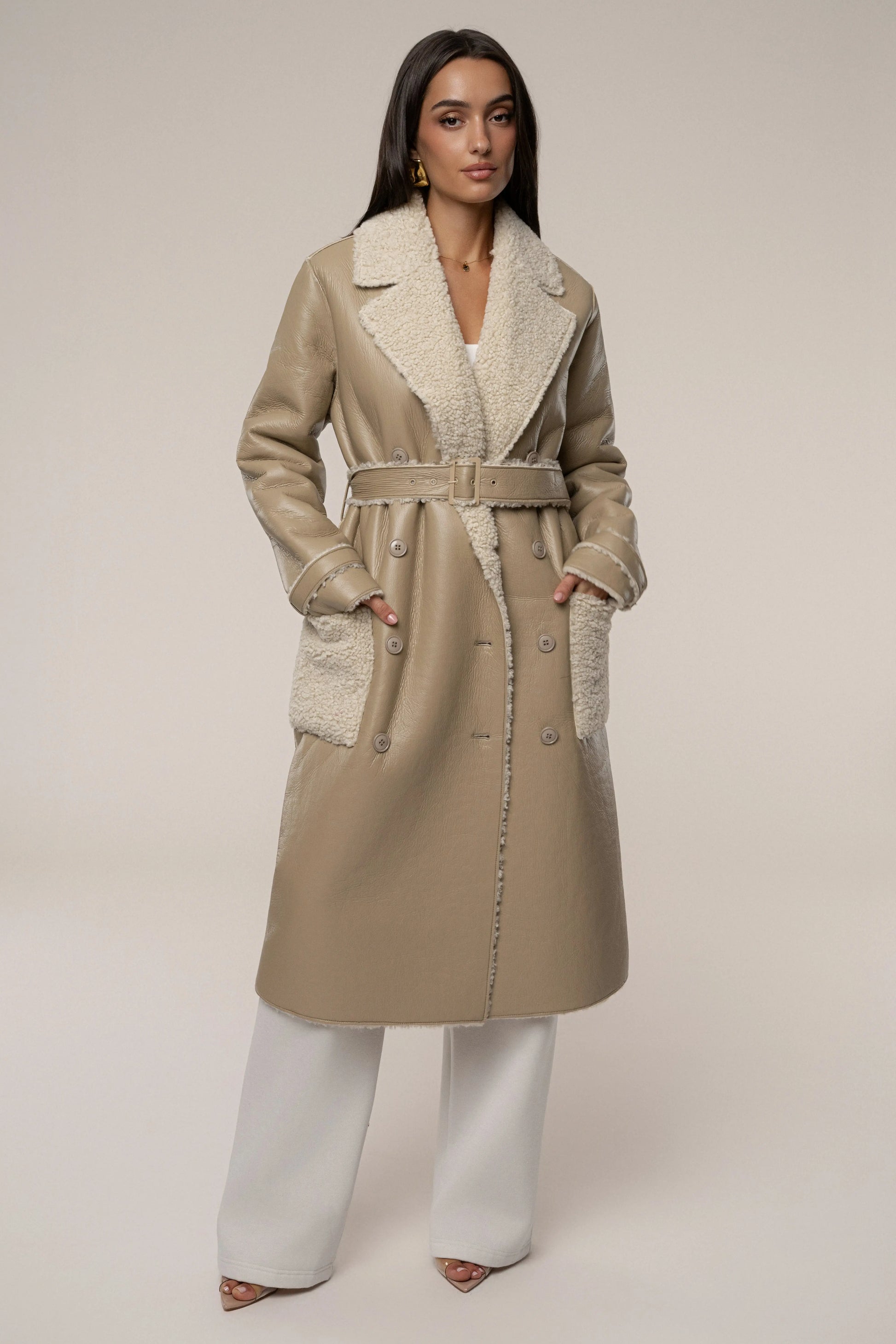 Beige/Ivory Sherpa And Faux Leather Coat JLUXLABEL