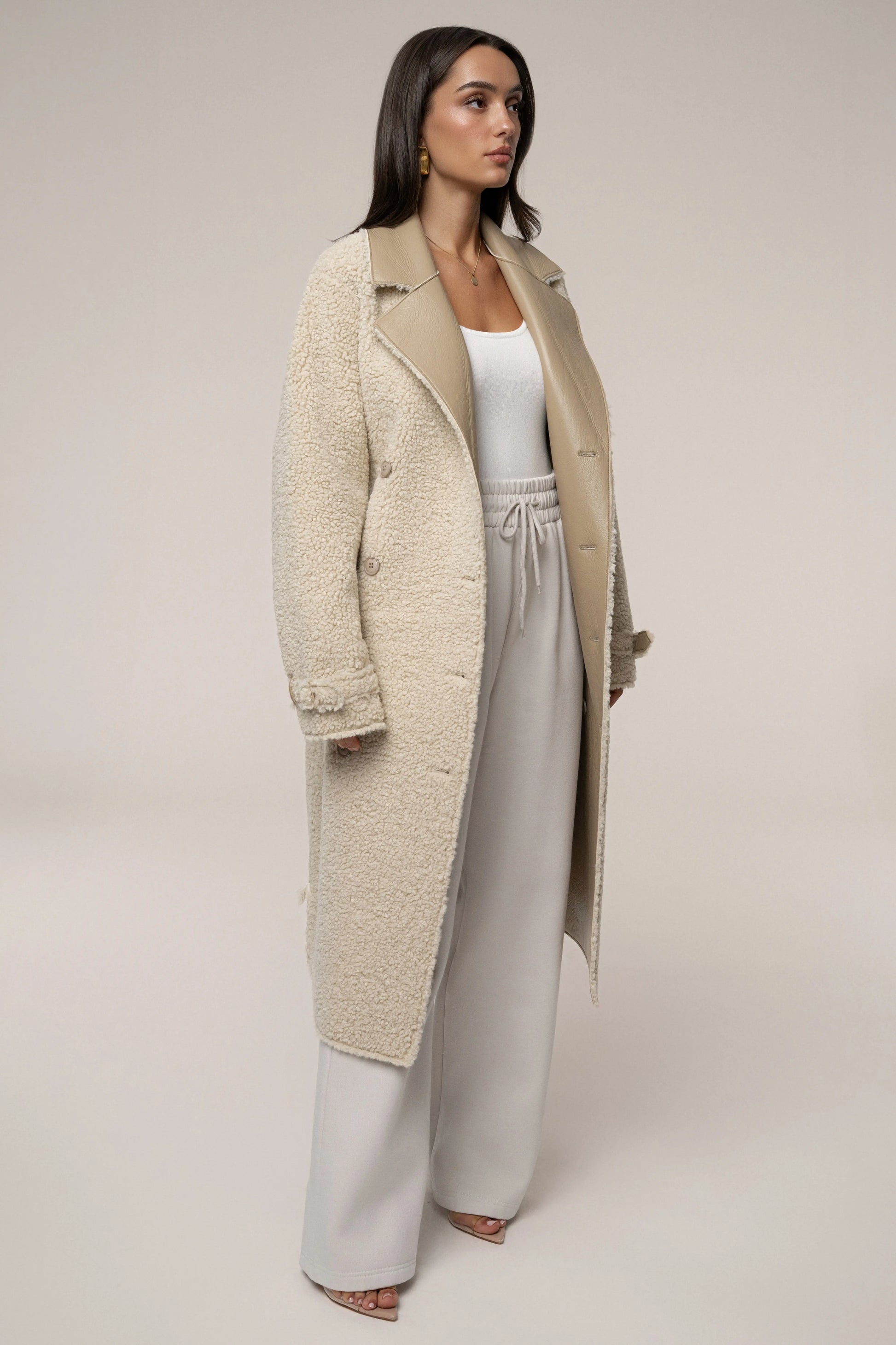Beige/Ivory Sherpa And Faux Leather Coat JLUXLABEL