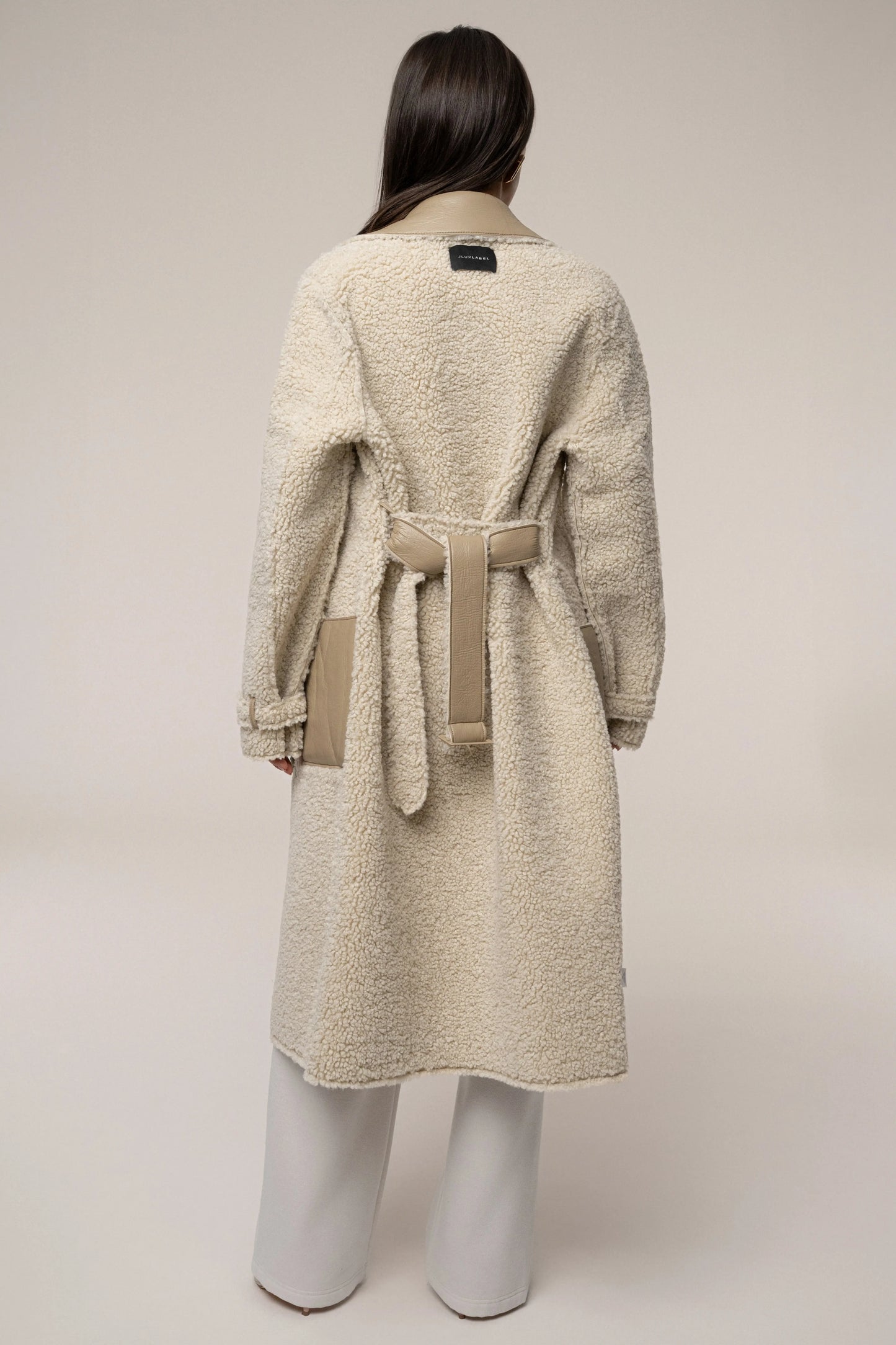 Beige/Ivory Sherpa And Faux Leather Coat JLUXLABEL