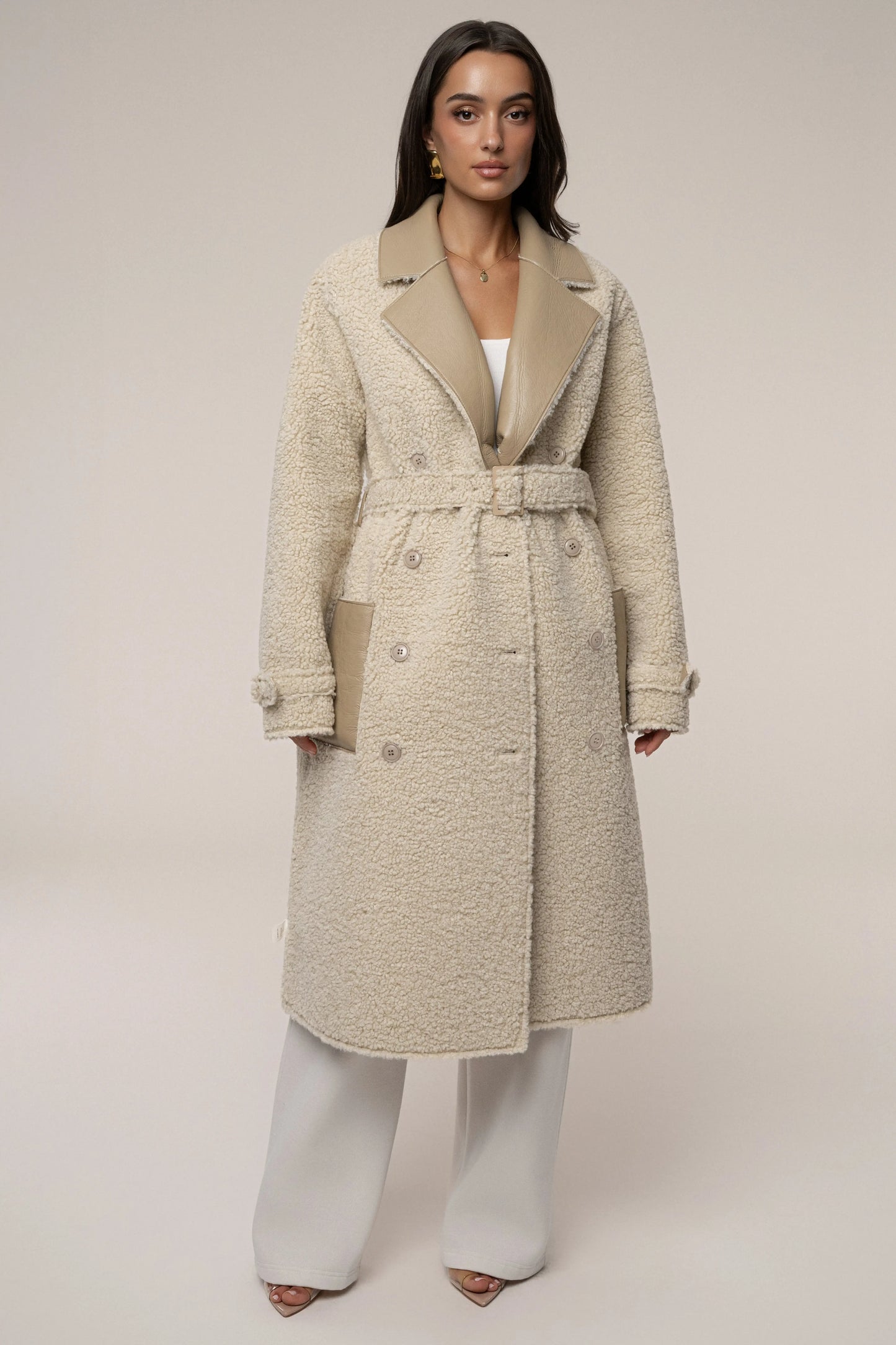 Beige/Ivory Sherpa And Faux Leather Coat JLUXLABEL