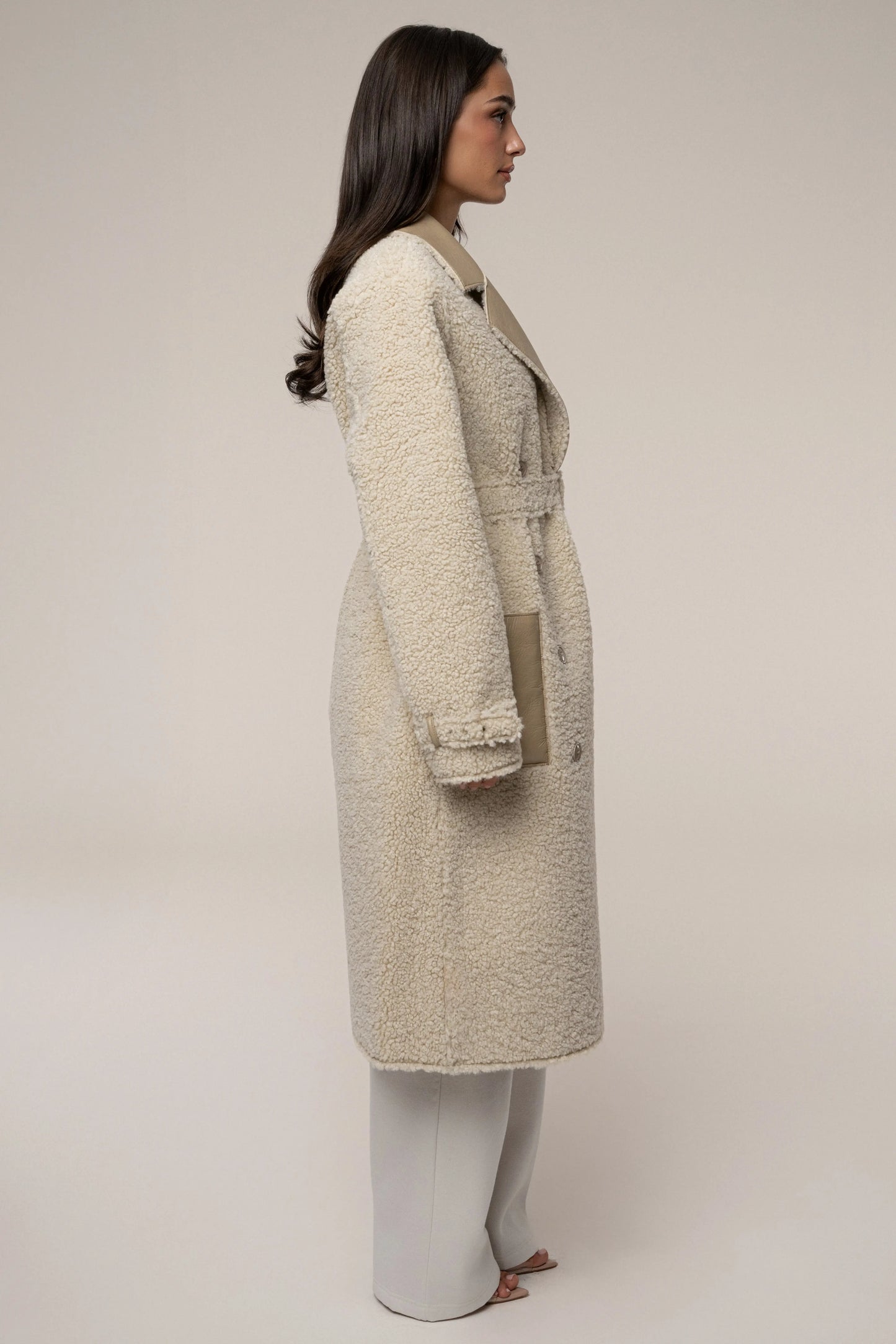 Beige/Ivory Sherpa And Faux Leather Coat JLUXLABEL