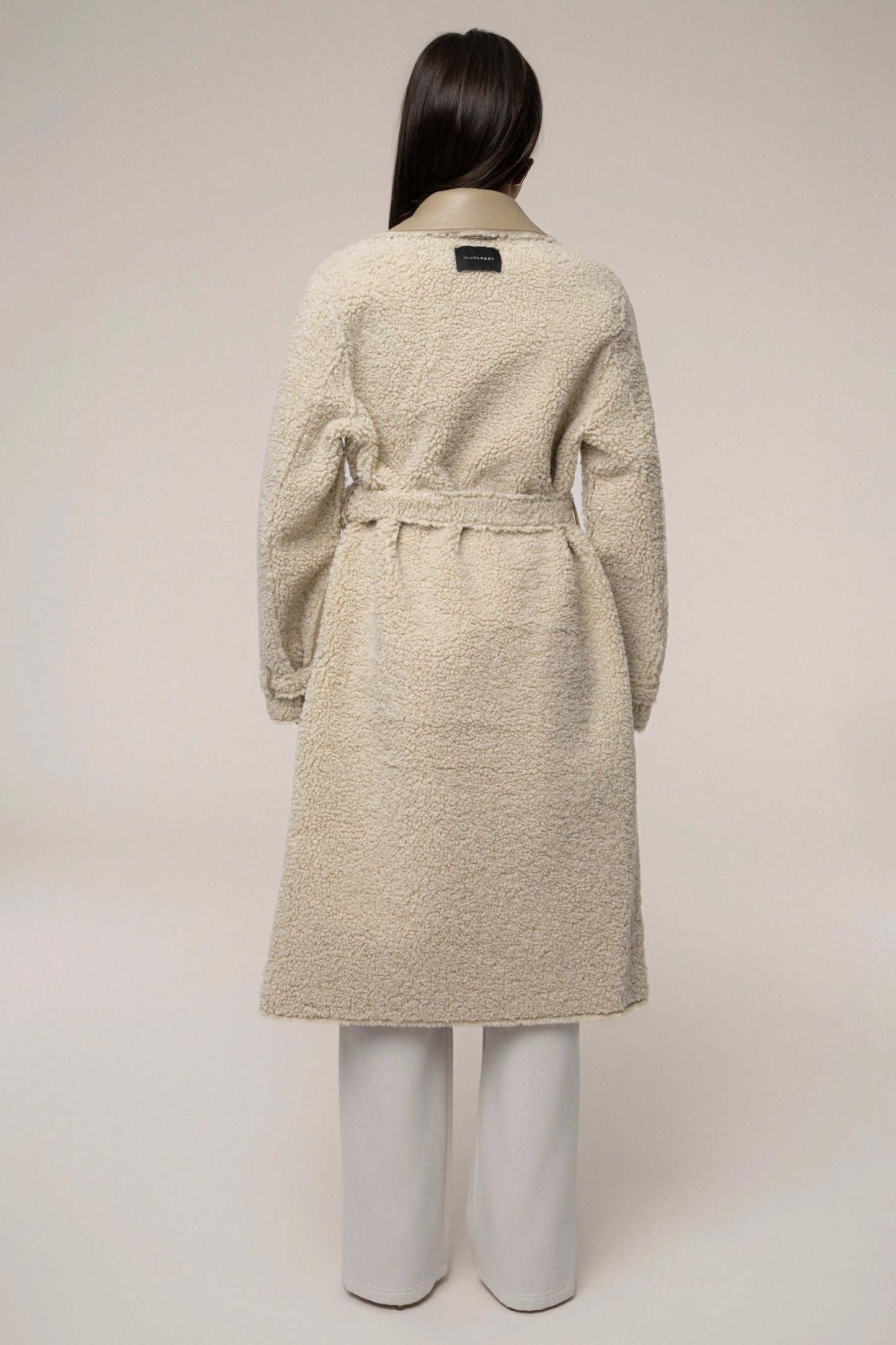 Beige/Ivory Sherpa And Faux Leather Coat JLUXLABEL