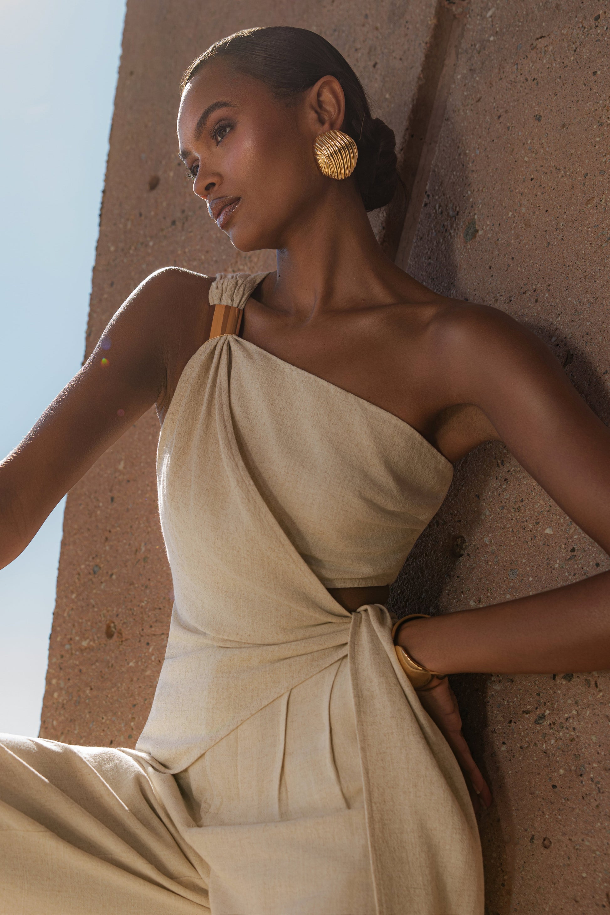 Beige Palmera One Shoulder Top JLUXLABEL
