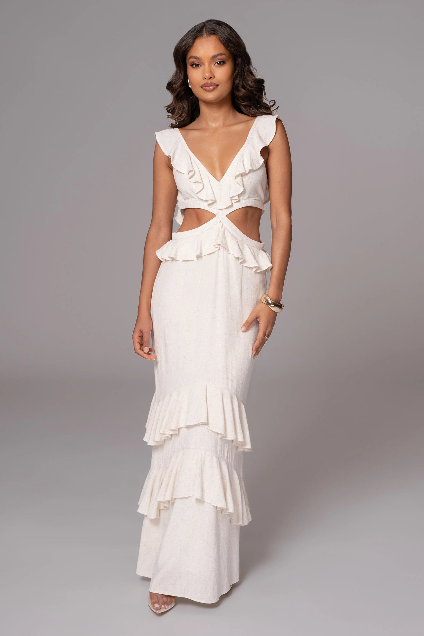 Natural Sunshine Ruffle Linen Dress JLUXLABEL