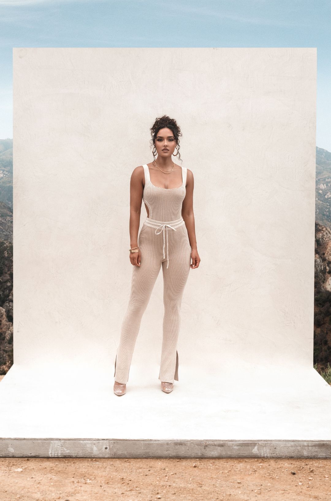 Taupe/White Deana Ribbed Bodysuit